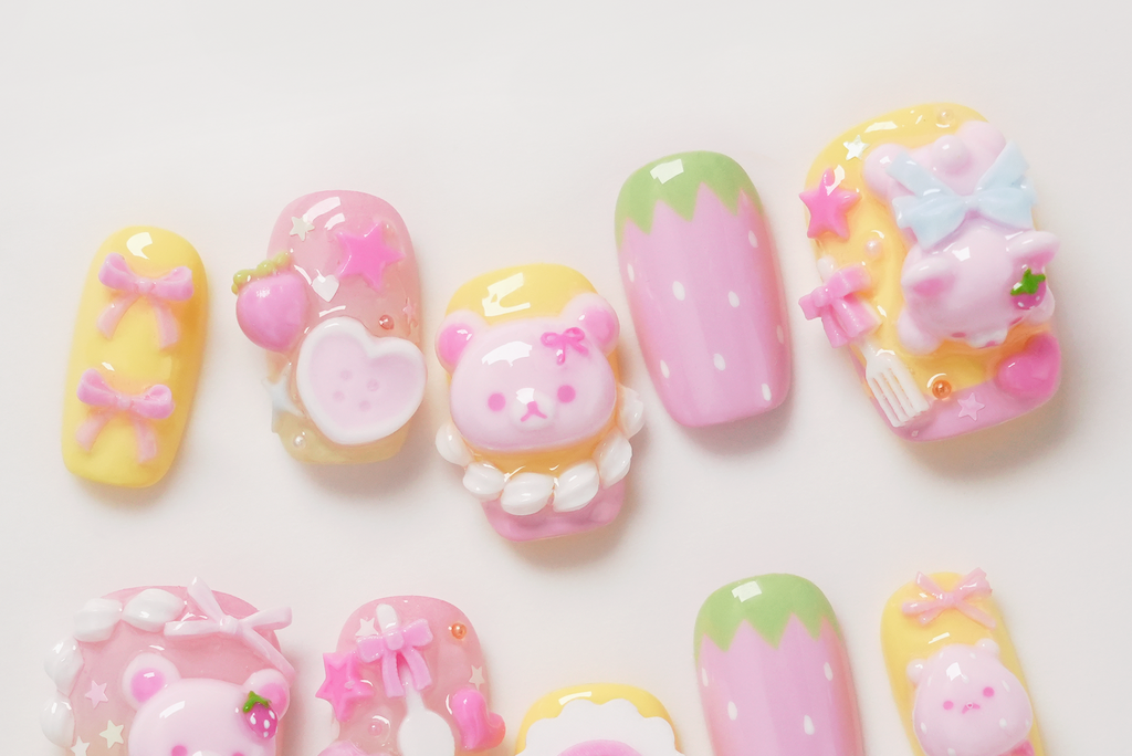 Pink 3D Rilakkuma Strawberry and Cream Hand-painted Press-on Nails