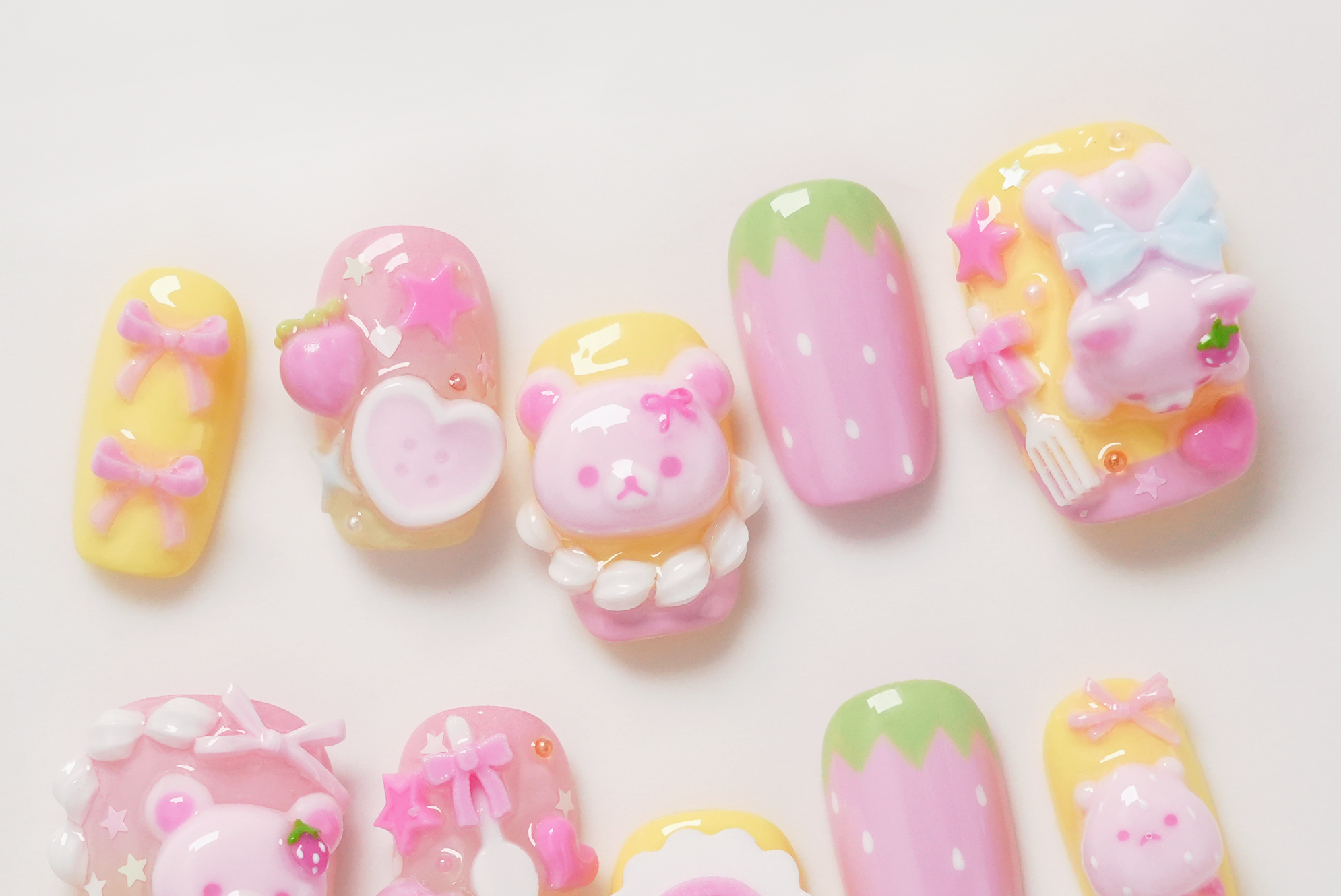 Pink 3D Rilakkuma Strawberry and Cream Hand-painted Press-on Nails