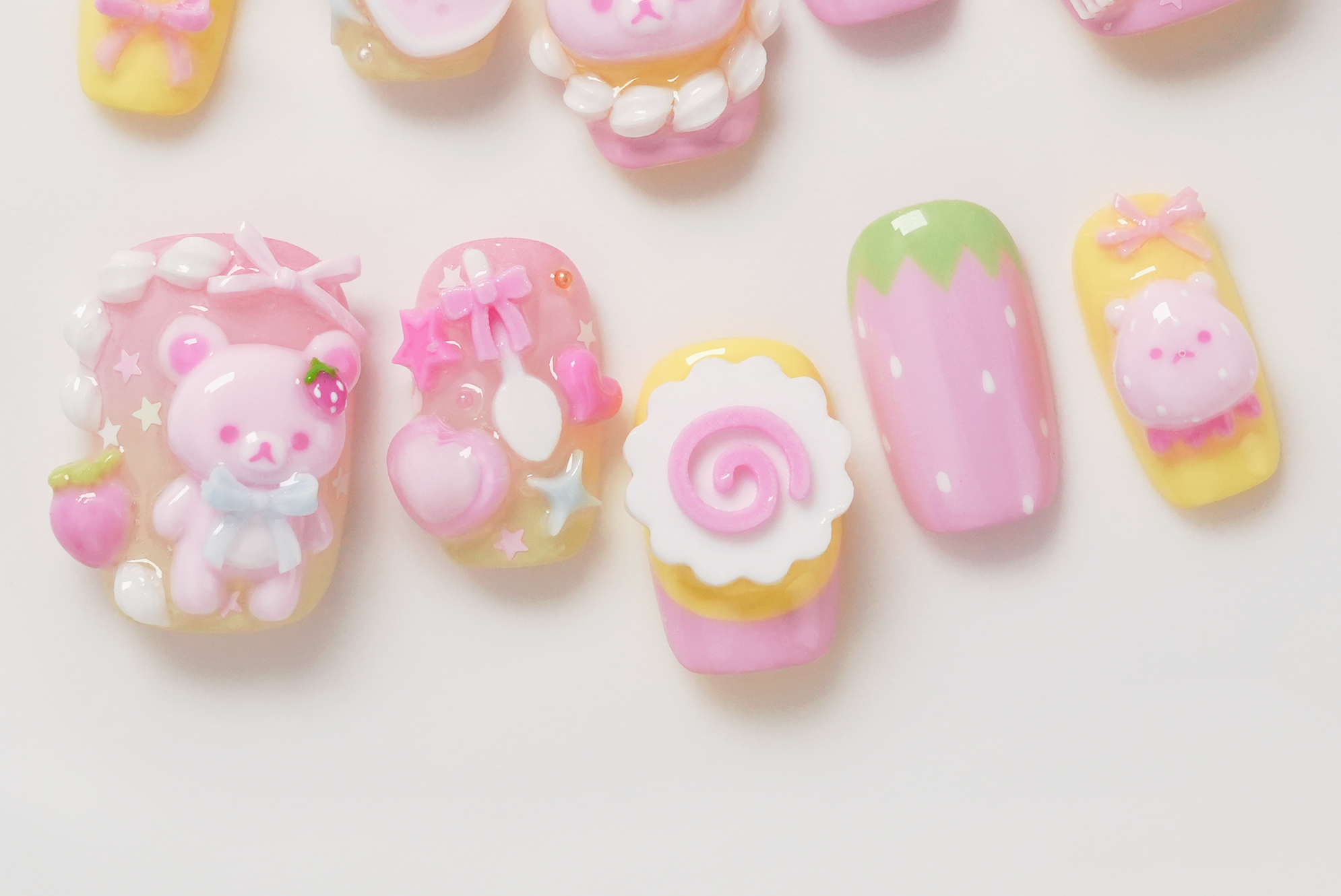Pink 3D Rilakkuma Strawberry and Cream Hand-painted Press-on Nails