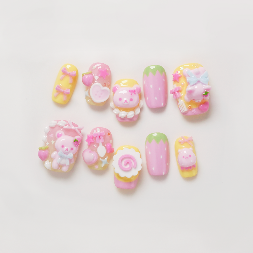 Pink 3D Rilakkuma Strawberry and Cream Hand-painted Press-on Nails