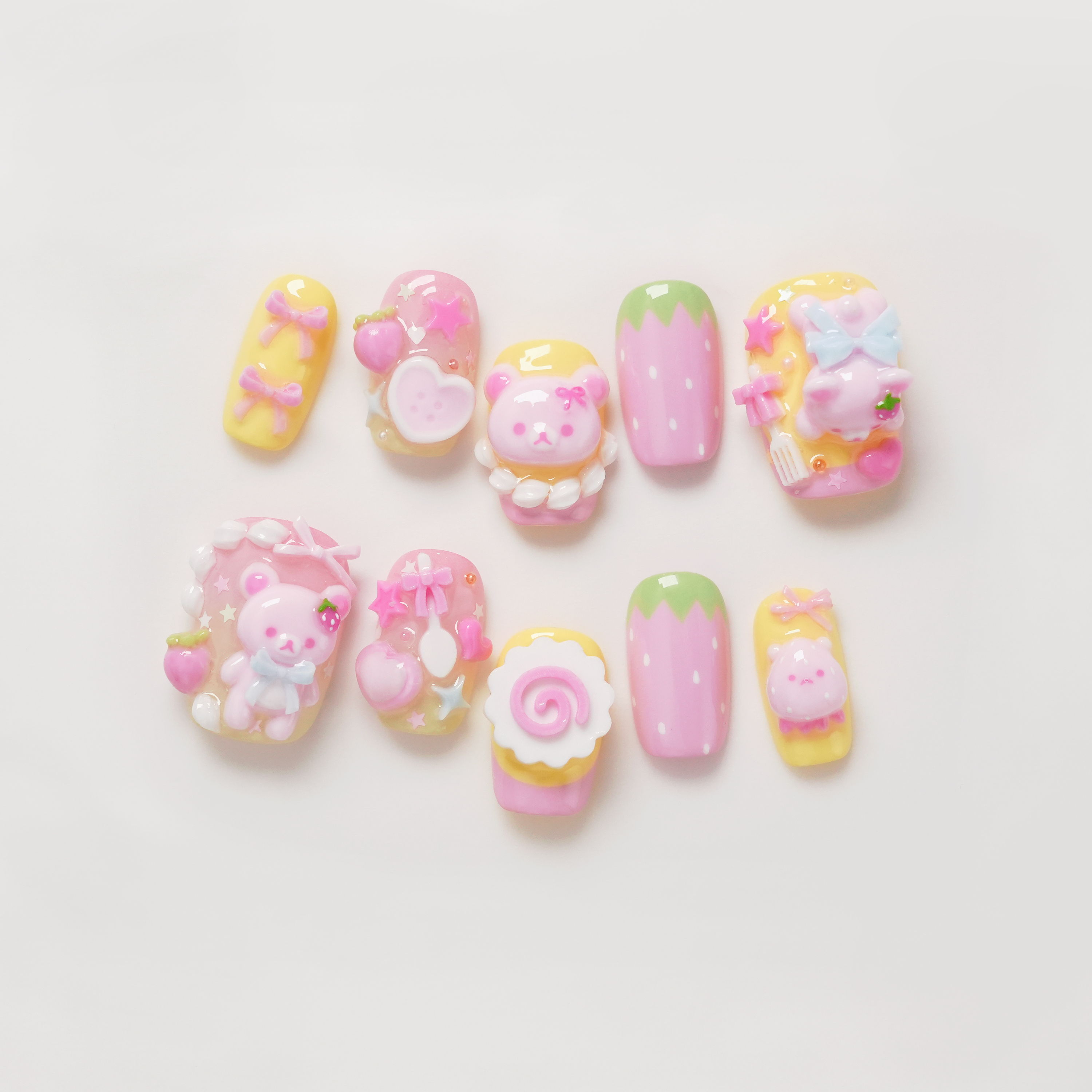 Pink 3D Rilakkuma Strawberry and Cream Hand-painted Press-on Nails