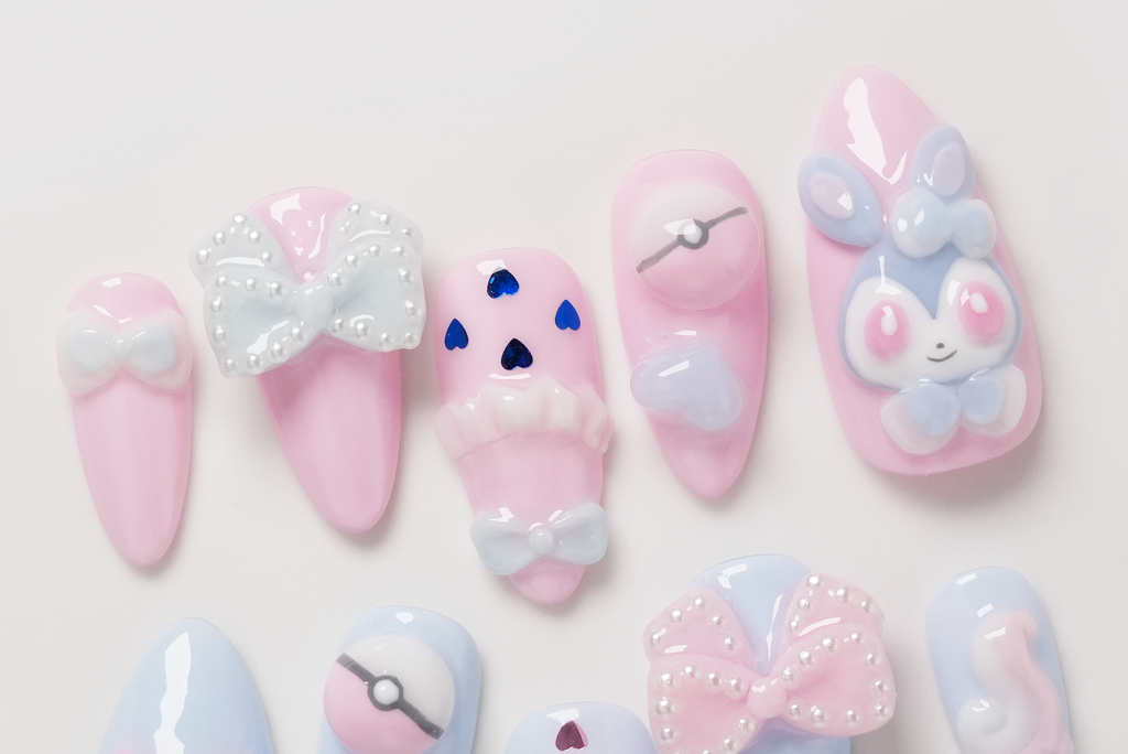 Sylveon Pokemon Press-On Nails, 3D Hand-Painted Nail