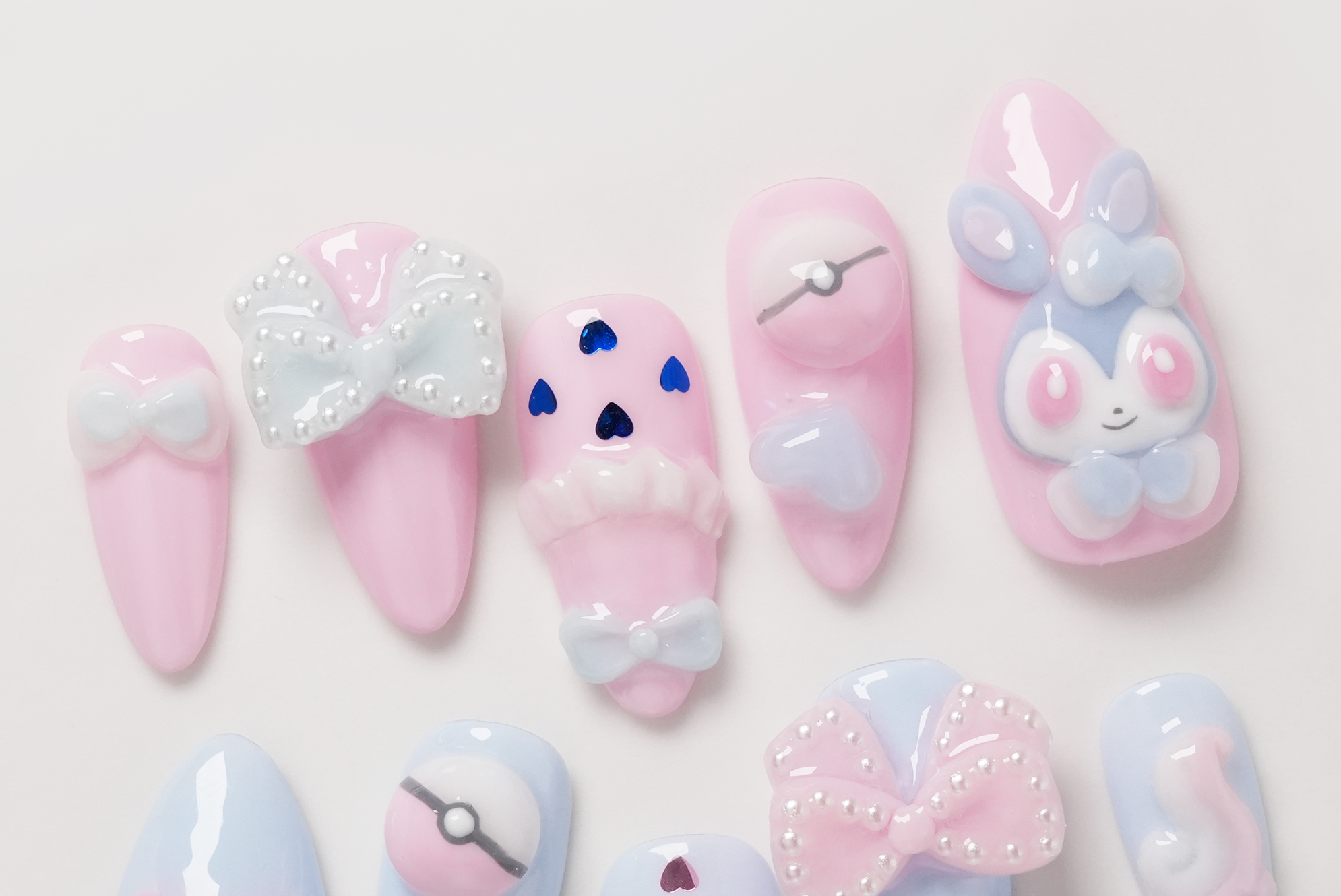 Sylveon Pokemon Press-On Nails, 3D Hand-Painted Nail