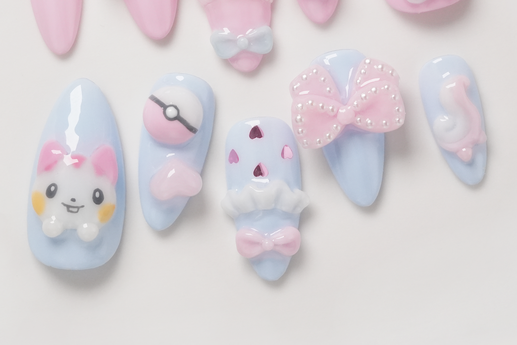 Sylveon Pokemon Press-On Nails, 3D Hand-Painted Nail