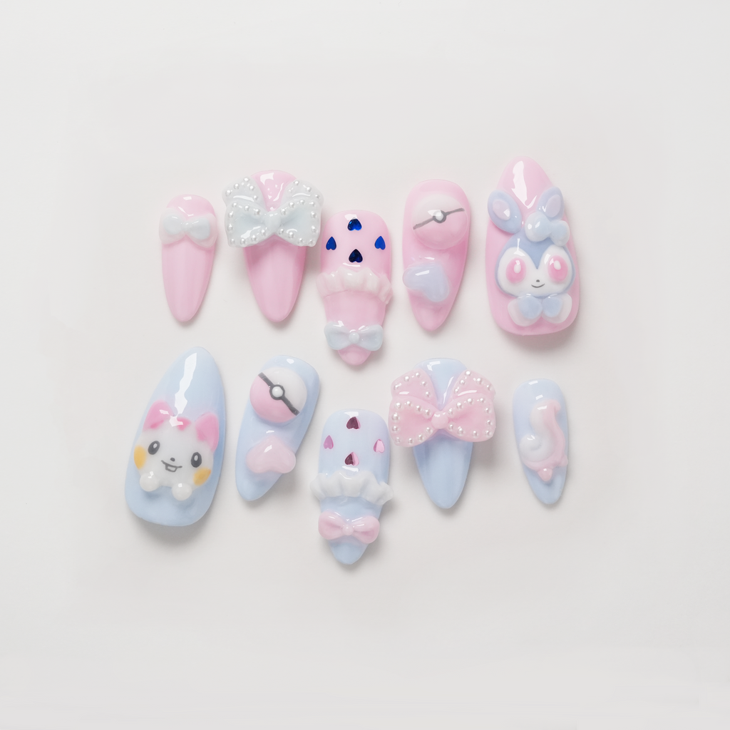 Sylveon Pokemon Press-On Nails, 3D Hand-Painted Nail