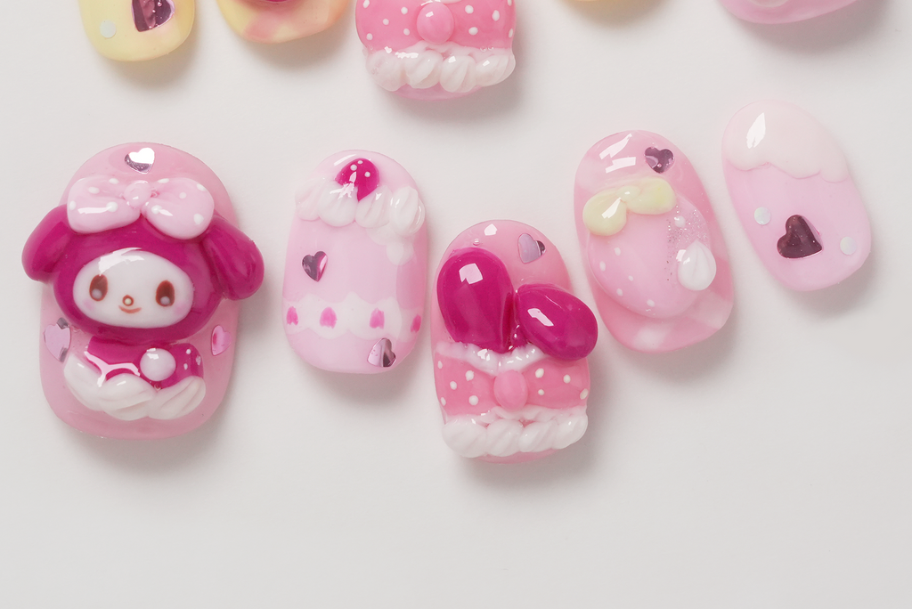 Adorable My Melody and Wish Me Mell Sanrio Characters 3D Hand-painted Press-on Nails