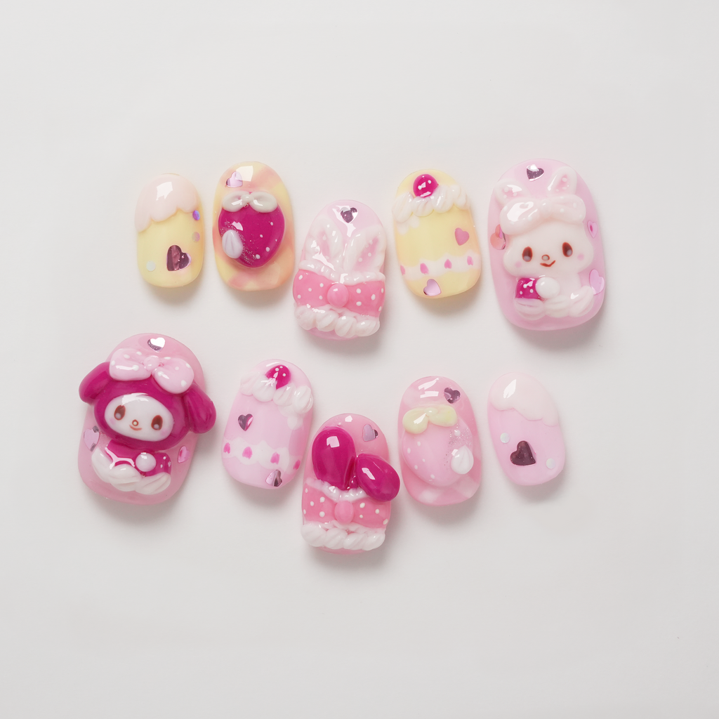 Adorable My Melody and Wish Me Mell Sanrio Characters 3D Hand-painted Press-on Nails