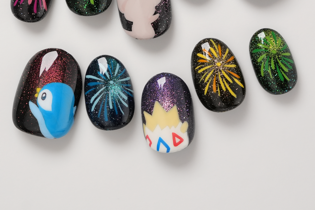 Pokemon Pikachu Togepi Piplup Minccino Firework Festival Handpainted Press-on Nails