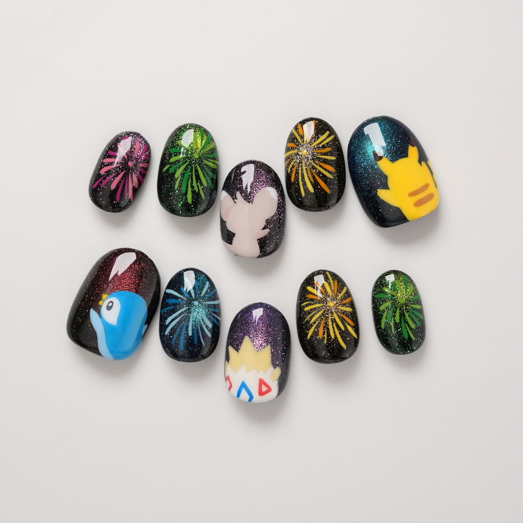 Pokemon Pikachu Togepi Piplup Minccino Firework Festival Handpainted Press-on Nails