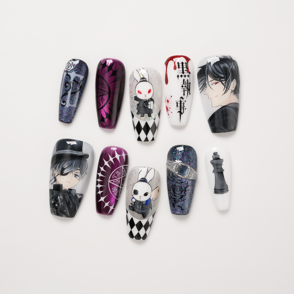 Black Butler Detailed Hand-painted Press-on Nails