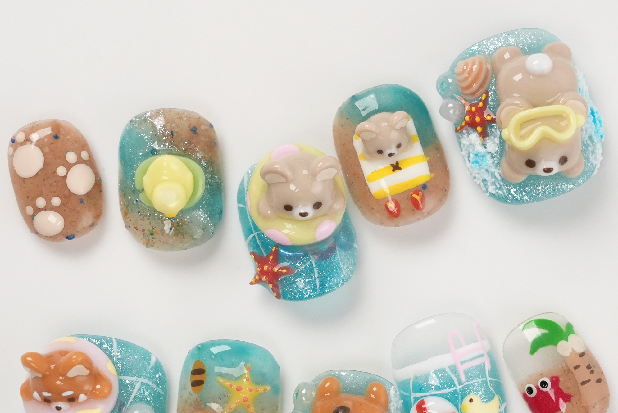 Summer Beach 3D Bear and Red Panda Vacation Time Press-on Nails