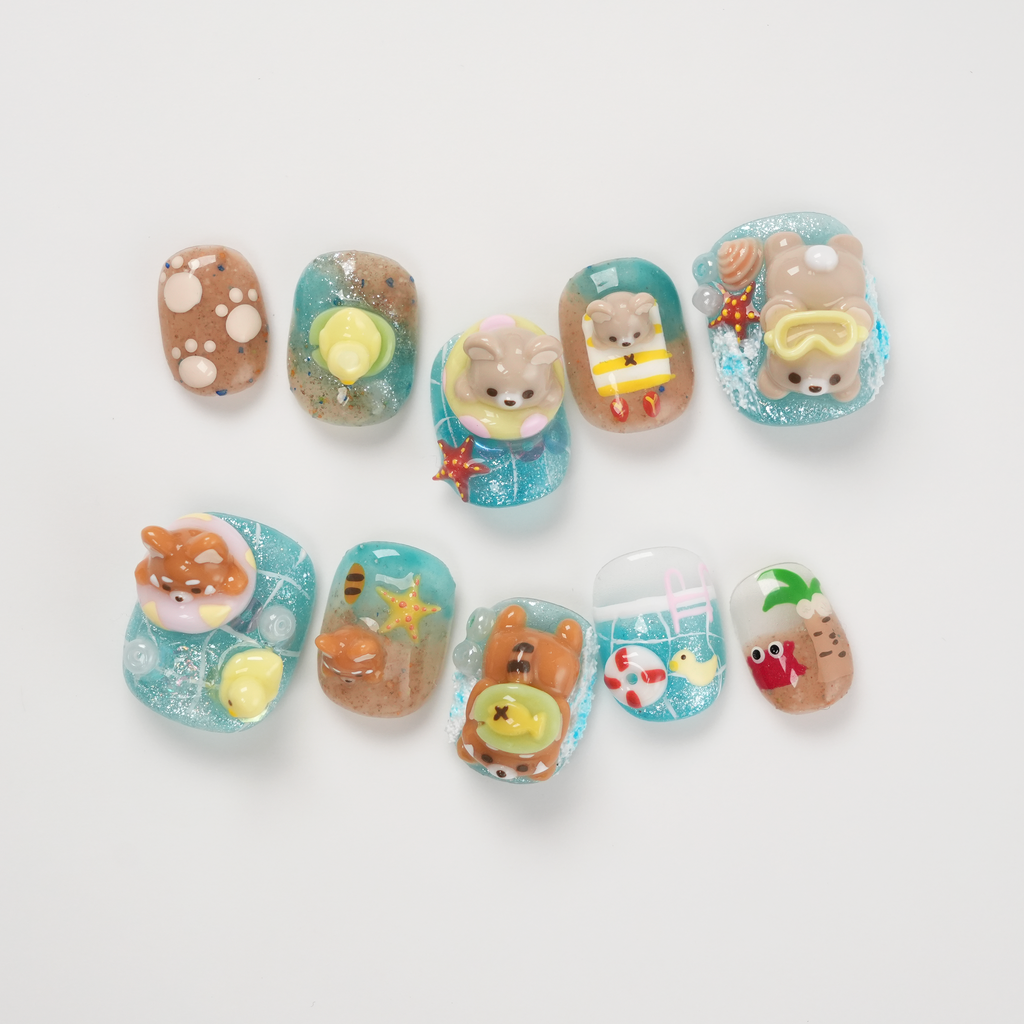 Summer Beach 3D Bear and Red Panda Vacation Time Press-on Nails
