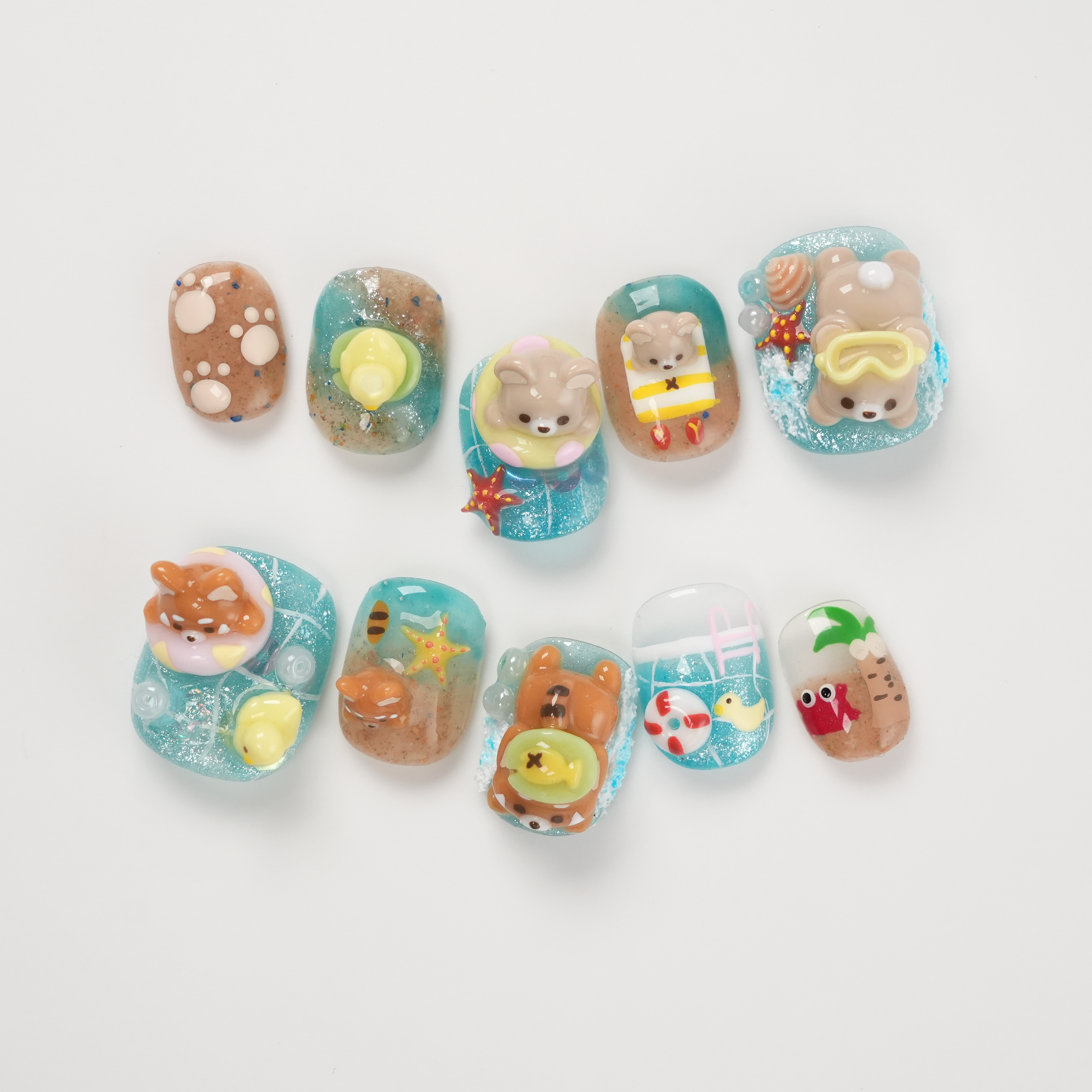 Summer Beach 3D Bear and Red Panda Vacation Time Press-on Nails
