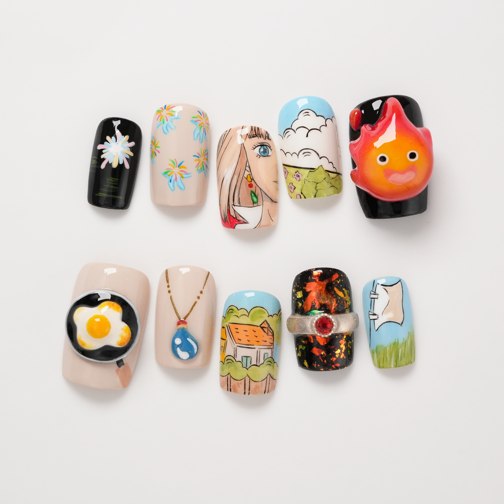 Studio Ghibli-3D Howl’s Moving Castle Calcifer and Egg Handpainted Anime Press-on Nails (Copy)