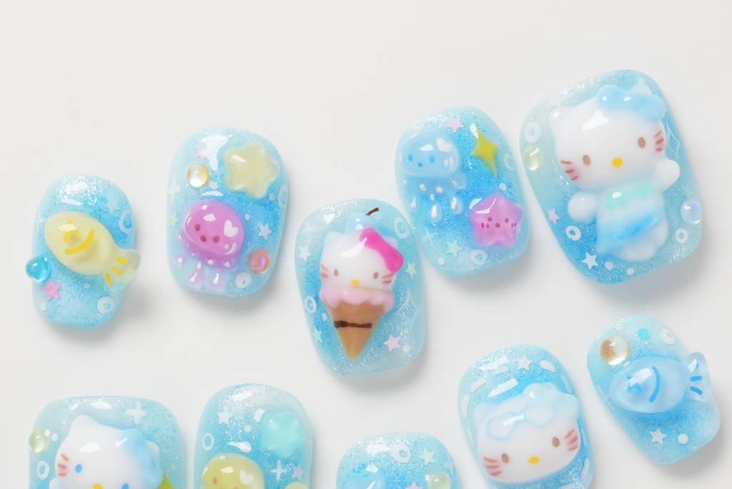Hello Kitty Mermaid Under the Sea Sanrio Characters 3D Hand-painted Press-on Nails