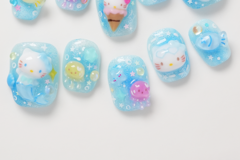 Hello Kitty Mermaid Under the Sea Sanrio Characters 3D Hand-painted Press-on Nails