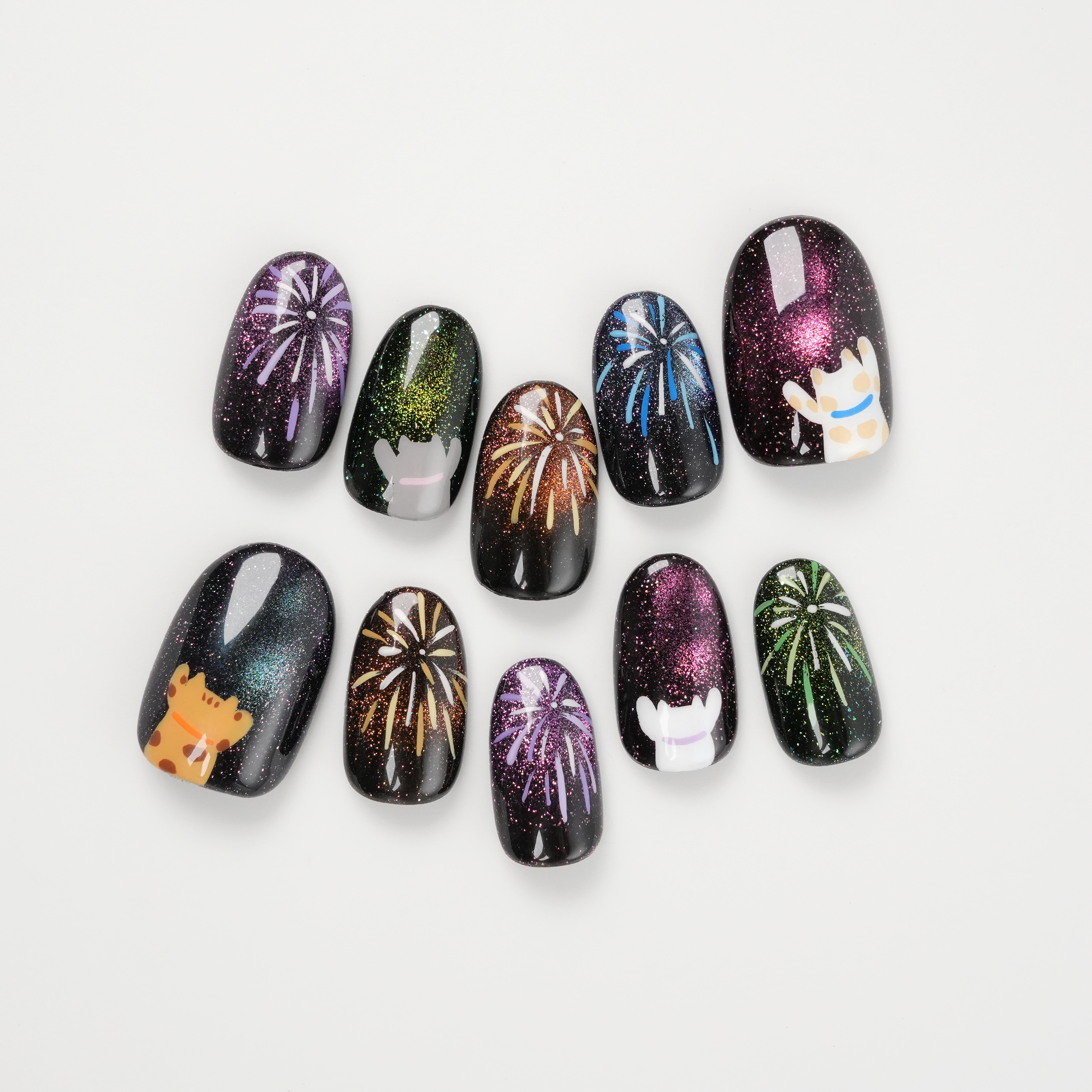 Cat Jumping for Festival and Fireworks Cateye Hand-painted Press-on Nails