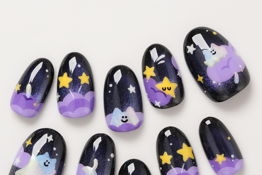 Galaxy Cat in Cloud and Stars Hand-painted Press-on Nails