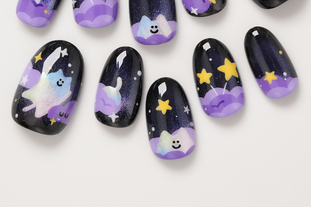 Galaxy Cat in Cloud and Stars Hand-painted Press-on Nails