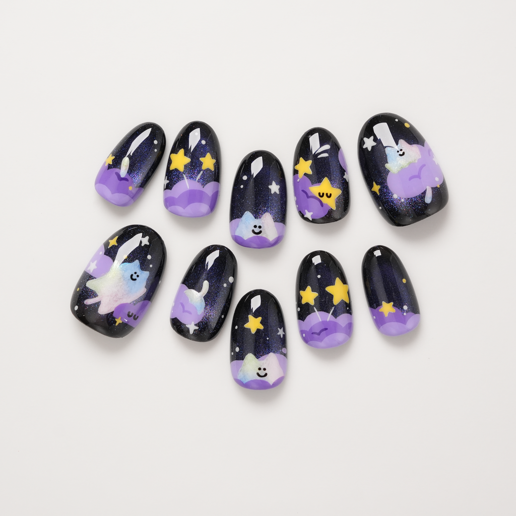 Galaxy Cat in Cloud and Stars Hand-painted Press-on Nails