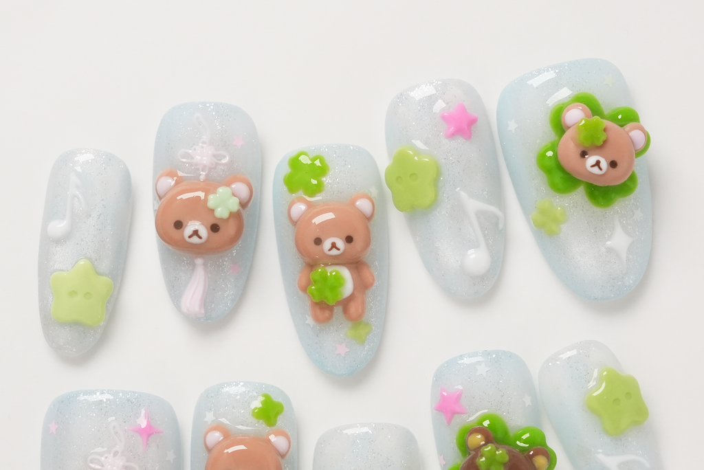 Rilakkuma and Lucky Clover Hand-painted Press-on Nails