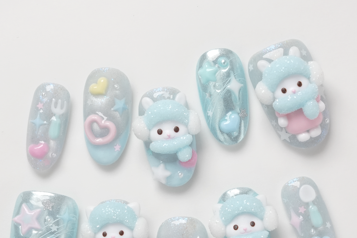 3D Bunny & Cat Press-on Nails, Winter Nail Art