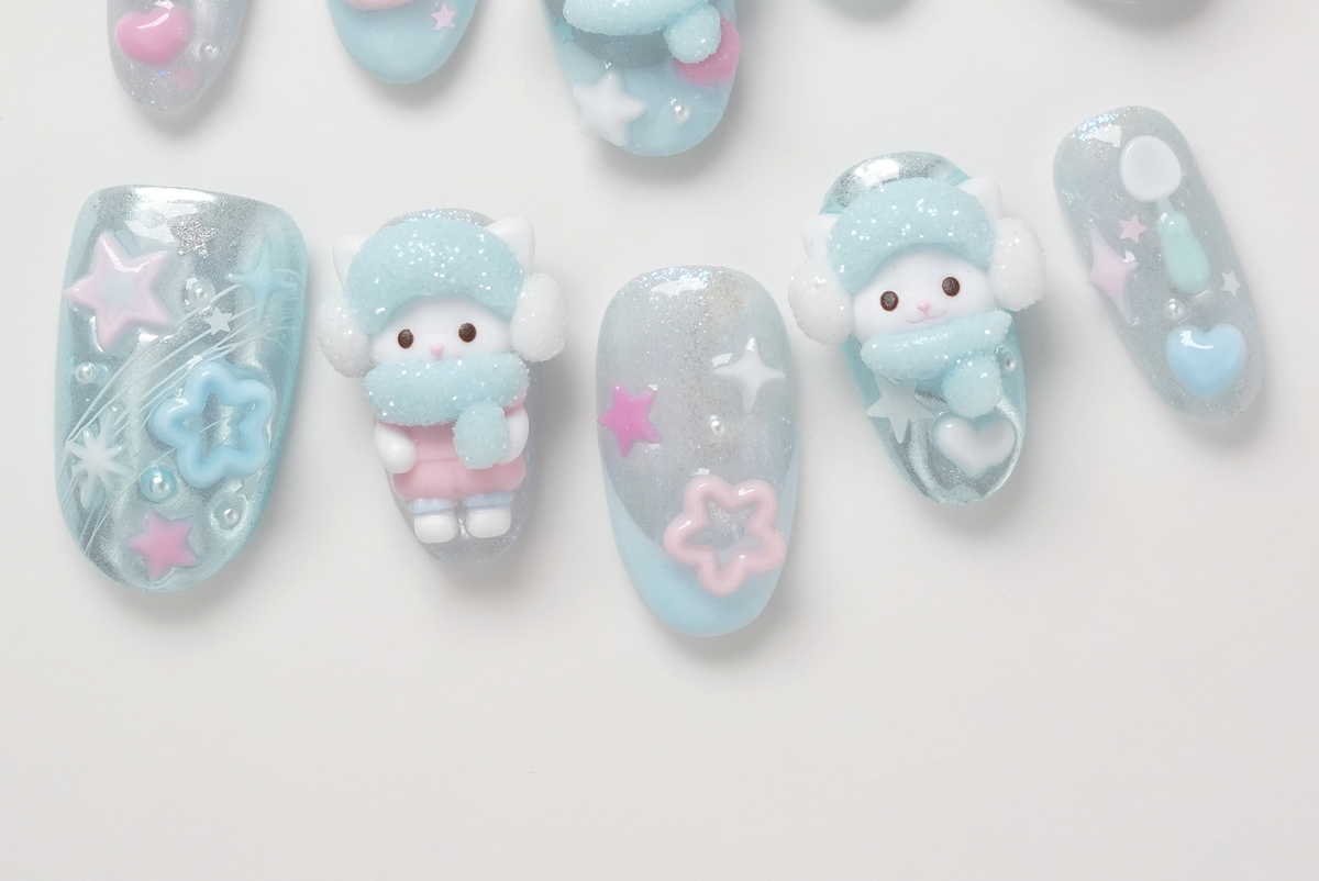 3D Bunny & Cat Press-on Nails, Winter Nail Art