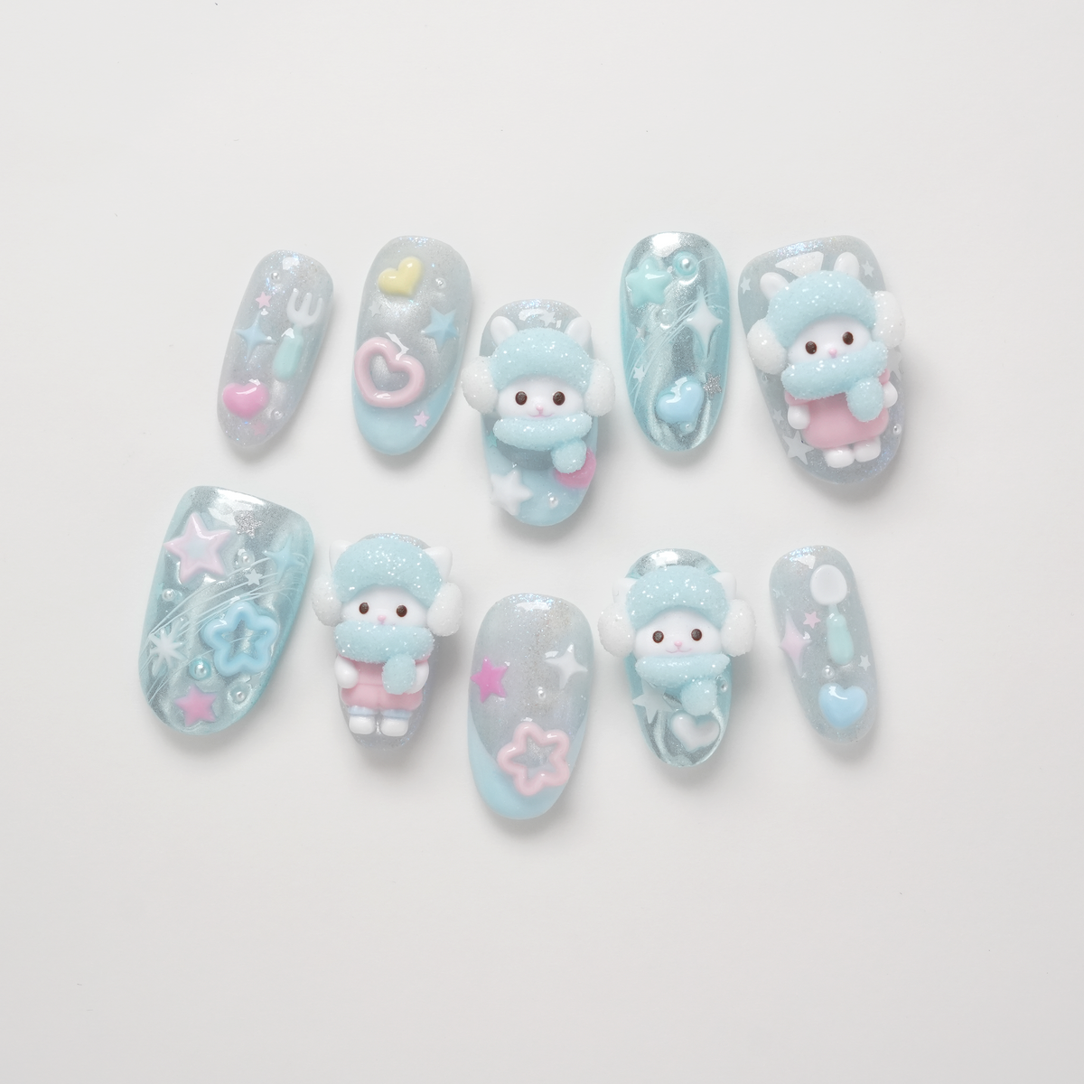 3D Bunny & Cat Press-on Nails, Winter Nail Art